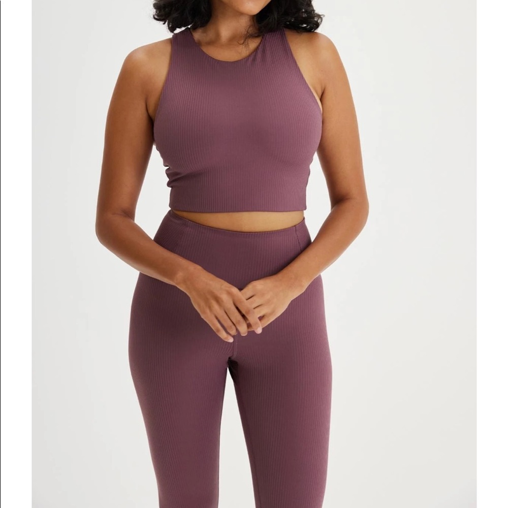 Girlfriend Collective ribbed matching Dylan bra and legging set in goji